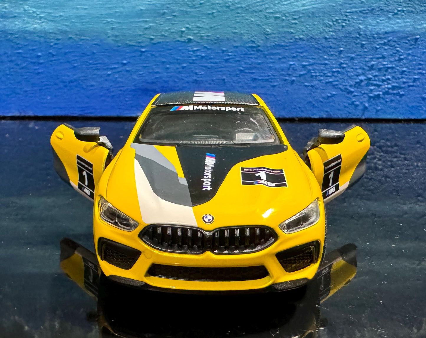 BMW M8 Competition Coupe Diecast Model 1:38 – Pull Back Toy Car with Open Doors, Yellow Red Collectible Gift for Him Kids Car Lovers