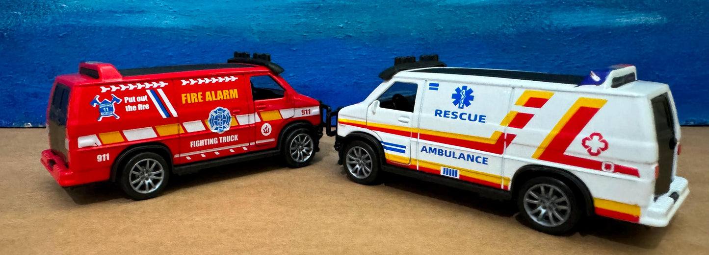 Set of 3 Rescue Vehicles, Police, Fire, Ambulance Diecast Toy Cars, Gift for Boys, Girls, Dad, Husband, First Responders, Collectors Sleeves