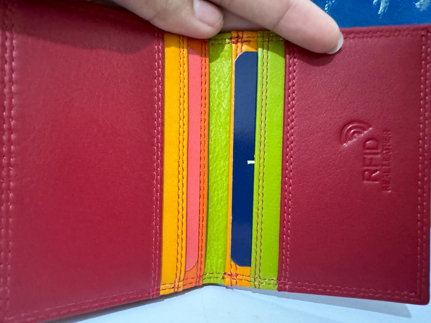 Red/Orange Multi-Color RAFID Block Wallet - Soft Nappa Leather Credit Card Holder - Gift for Mother's Day, Ladies - Boxed