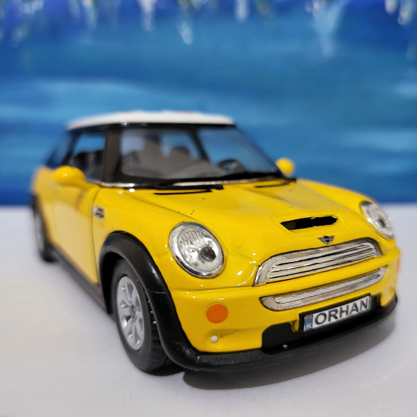 PERSONALIZED PLATES Yellow Mini Cooper S Toy Car Model boy girl dad mom uncle grandad brother sister birthday present NEW cake topper