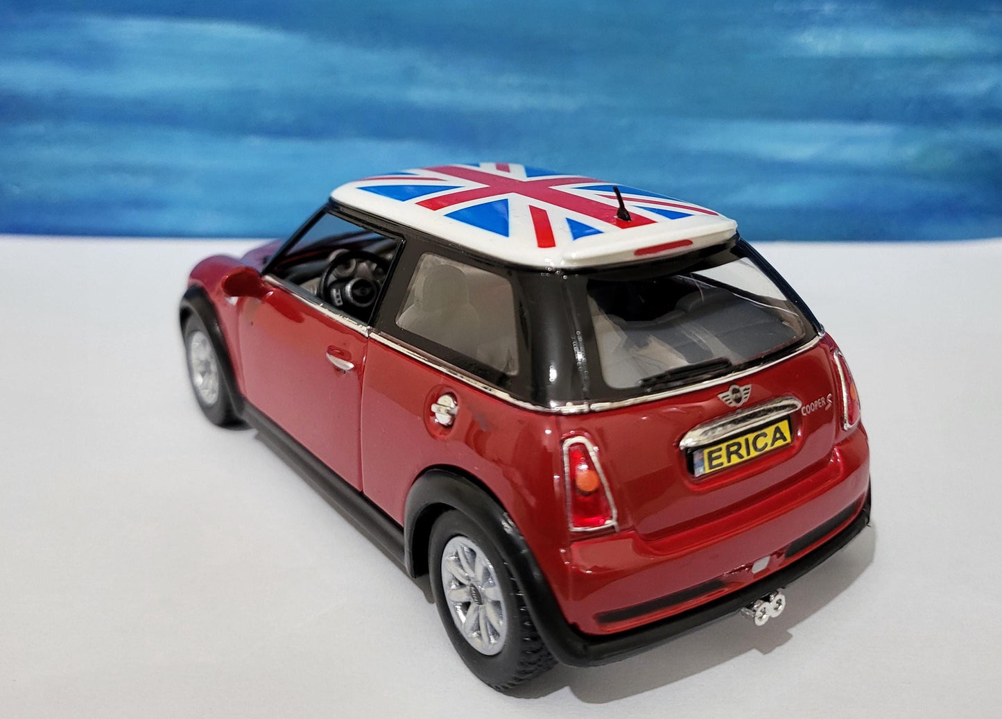 PERSONAL NAME PLATES for Red Mini Cooper S Model - 1/28 Scale Toy Car Gift - England Flag - Birthday Present for Dad, Mom, Kids Gift Sleeves