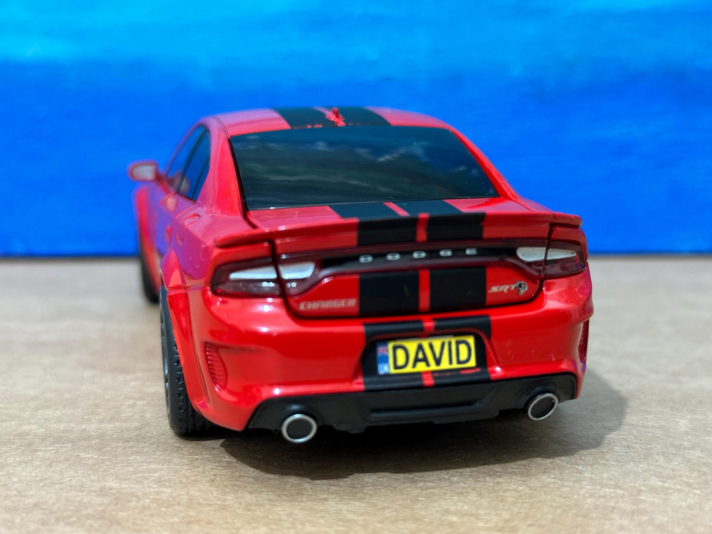 PERSONALIZED PLATES Dodge Charger Model Toy Car boy dad birthday gift light sound bonnet boot four door open 1:32 Boxed