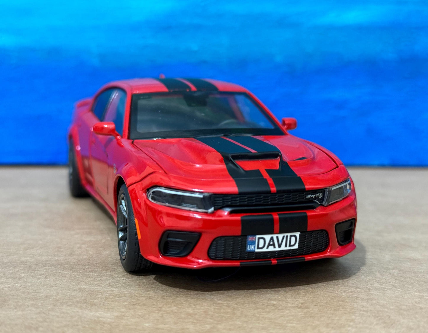 PERSONALIZED PLATES Dodge Charger Model Toy Car boy dad birthday gift light sound bonnet boot four door open 1:32 Boxed