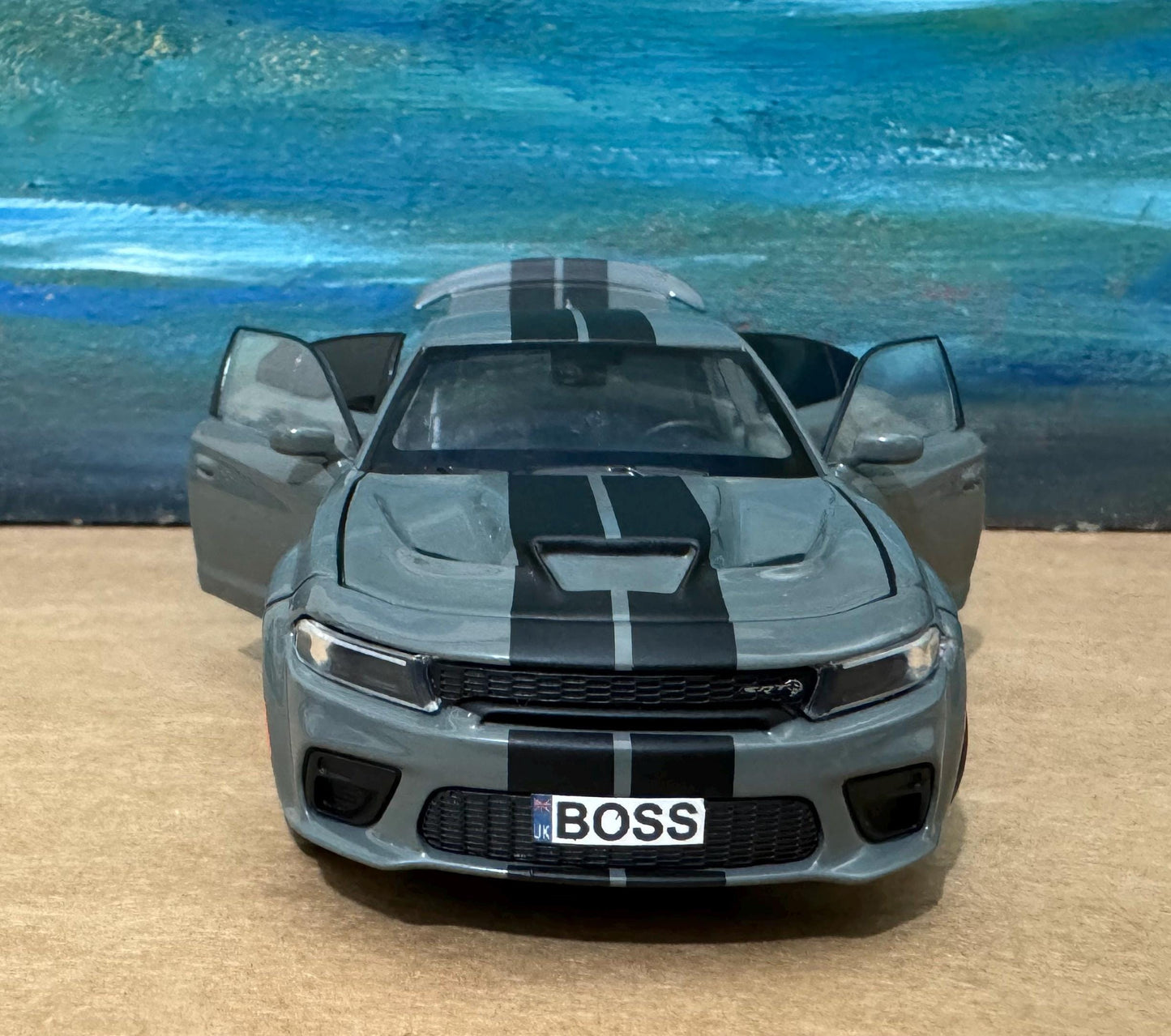 PERSONALIZED PLATES Dodge Charger Model Toy Car boy dad birthday gift light sound bonnet boot four door open 1:32 Boxed