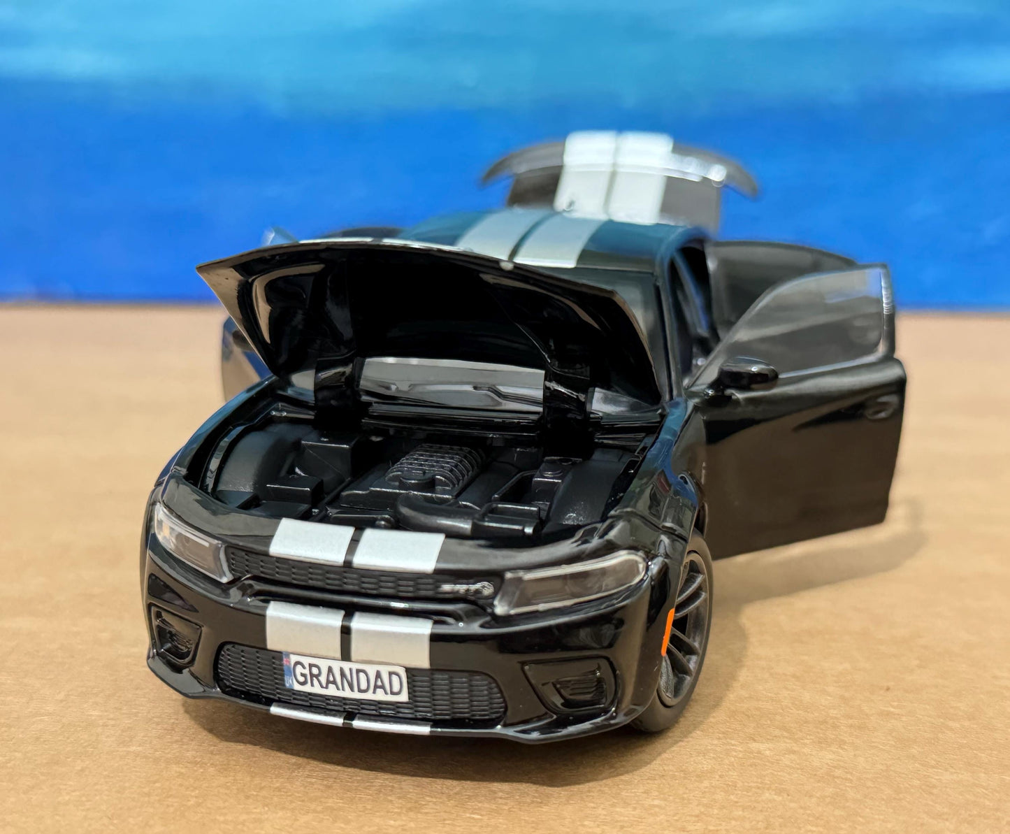 PERSONALIZED PLATES Dodge Charger Model Toy Car boy dad birthday gift light sound bonnet boot four door open 1:32 Boxed