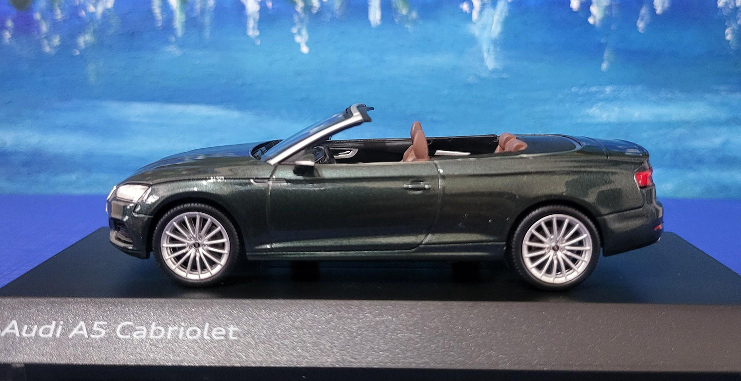 Personalized Name Plate 1:43 Audi A5 Cabriolet Gotland Green Metallic Diecast Car – Spark Dealer Edition in Display Case, Detailed