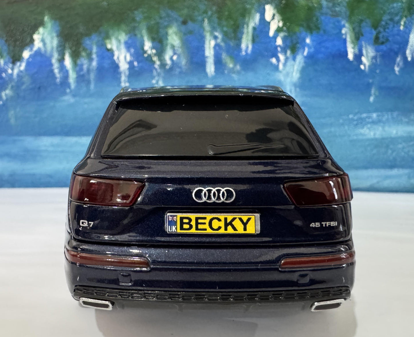 Audi Q7 1:32 Scale Diecast Car – Personalized Plates Lights & Sounds – Opening Doors, Bonnet and Boot – Gift for him, her. Metallic Blue