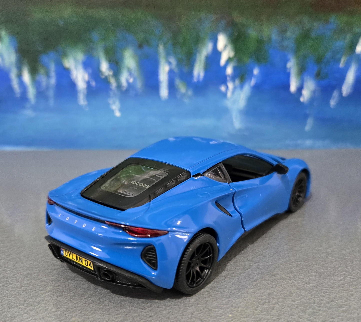 Personalized Lotus Emira Blue Diecast Model Car: Pull Back Toy, Gift for Kids