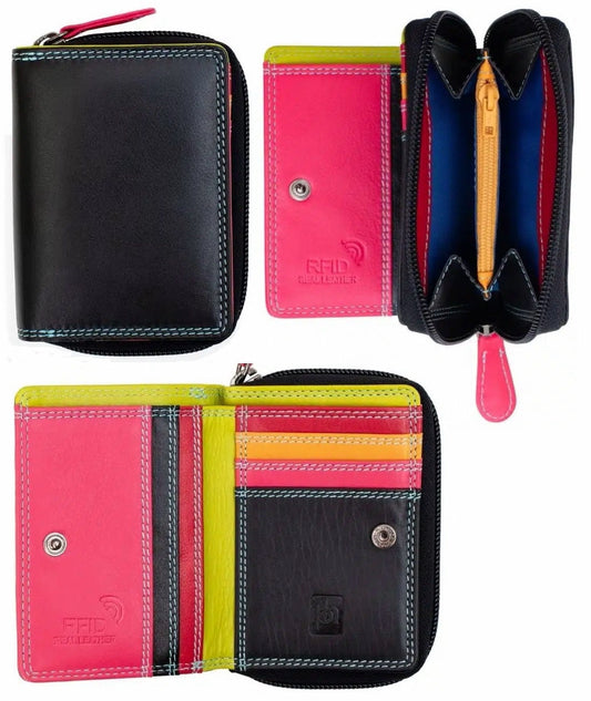 Prime Hide London RFID Leather Purse - Small Black Multi-Color Wallet | Gift Boxed | Luxury Women's Clutch & Card Holder Gift Boxed