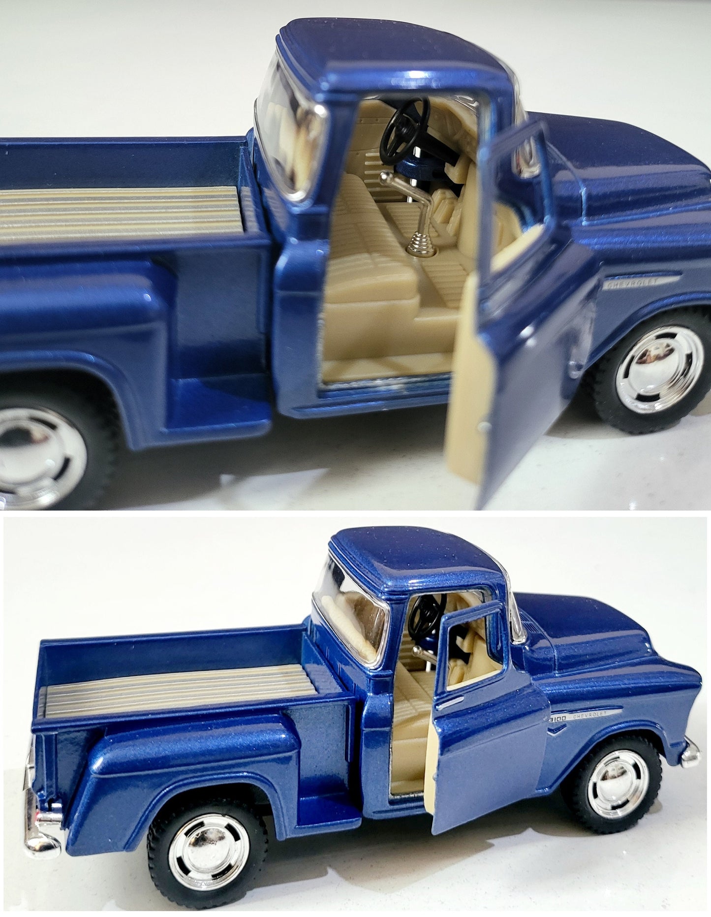 1955 Chevy Stepside Pickup 1:32 Diecast – Official Licensed Pull-Back Toy, Opening Doors – Blue/Cream Gift for Collectors, Kids Gift Sleeves