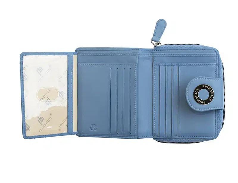 Prime Hide Leather Flavia Wallet - Medium Zip Trifold in Cornflower Blue | Magnetic Closure | Women's Luxury Purse Gift Boxed