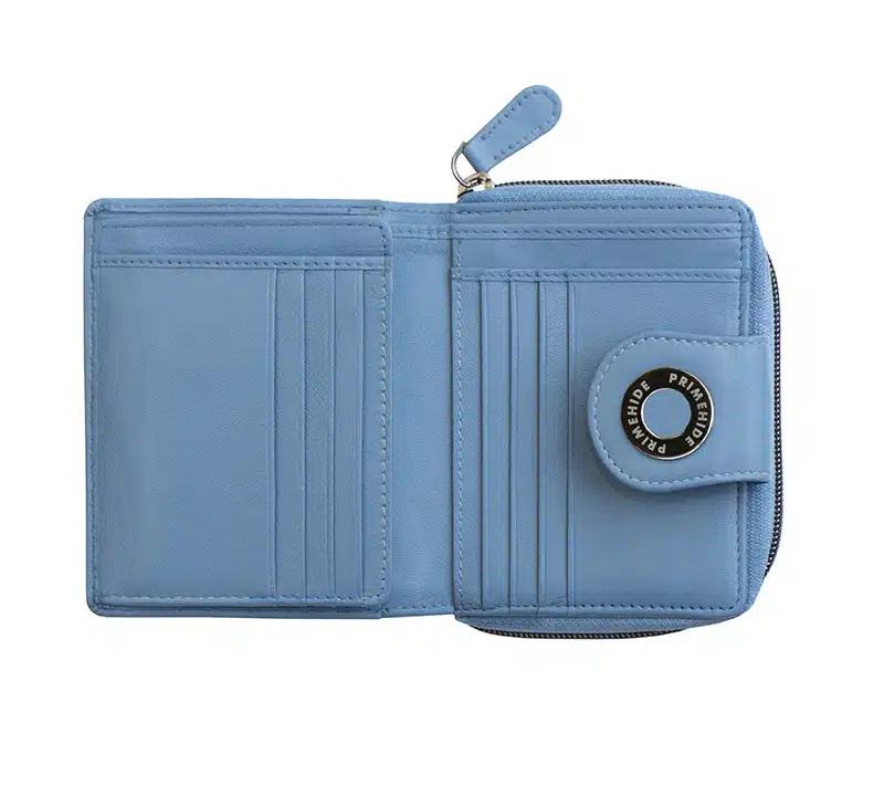 Prime Hide Leather Flavia Wallet - Medium Zip Trifold in Cornflower Blue | Magnetic Closure | Women's Luxury Purse Gift Boxed