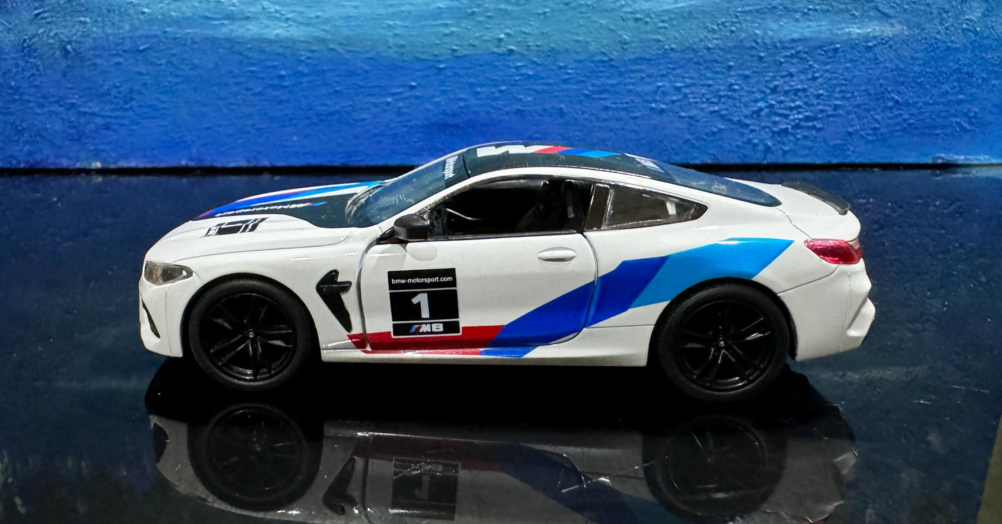 BMW M8 Competition Coupe Diecast Model Car 1:38 Scale – Pull Back, Black/White, Collectible Gift for Mom, Father's Day, Display Gift Sleeves