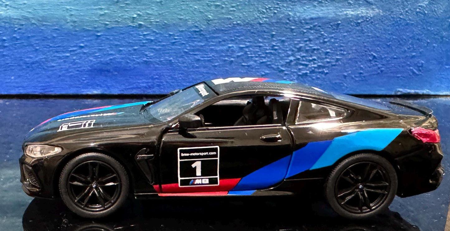 BMW M8 Competition Coupe Diecast Model Car 1:38 Scale – Pull Back, Black/White, Collectible Gift for Mom, Father's Day, Display Gift Sleeves