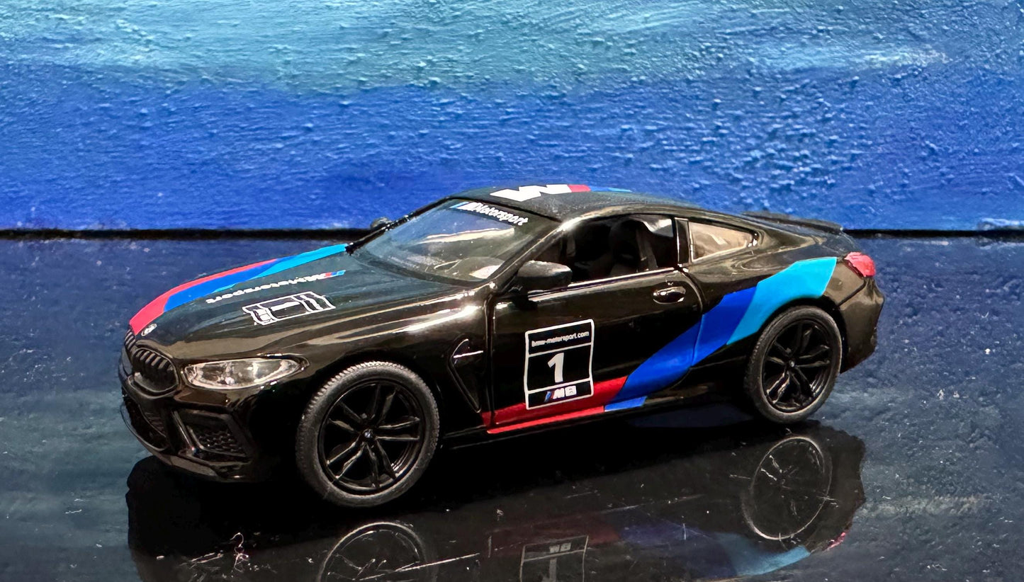BMW M8 Competition Coupe Diecast Model Car 1:38 Scale – Pull Back, Black/White, Collectible Gift for Mom, Father's Day, Display Gift Sleeves