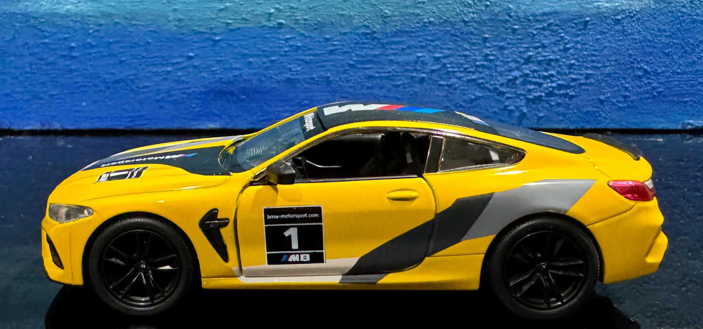 BMW M8 Competition Coupe Diecast Model 1:38 – Pull Back Toy Car with Open Doors, Yellow Red Collectible Gift for Him Kids Car Lovers