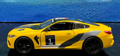 BMW M8 Competition Coupe Diecast Model 1:38 – Pull Back Toy Car with Open Doors, Yellow Red Collectible Gift for Him Kids Car Lovers