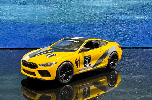 BMW M8 Competition Coupe Diecast Model 1:38 – Pull Back Toy Car with Open Doors, Yellow Red Collectible Gift for Him Kids Car Lovers