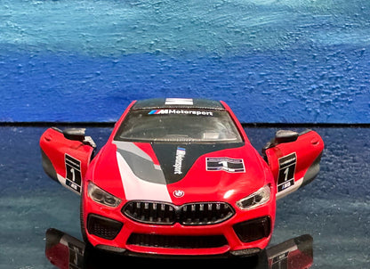 BMW M8 Competition Coupe Diecast Model 1:38 – Pull Back Toy Car with Open Doors, Yellow Red Collectible Gift for Him Kids Car Lovers