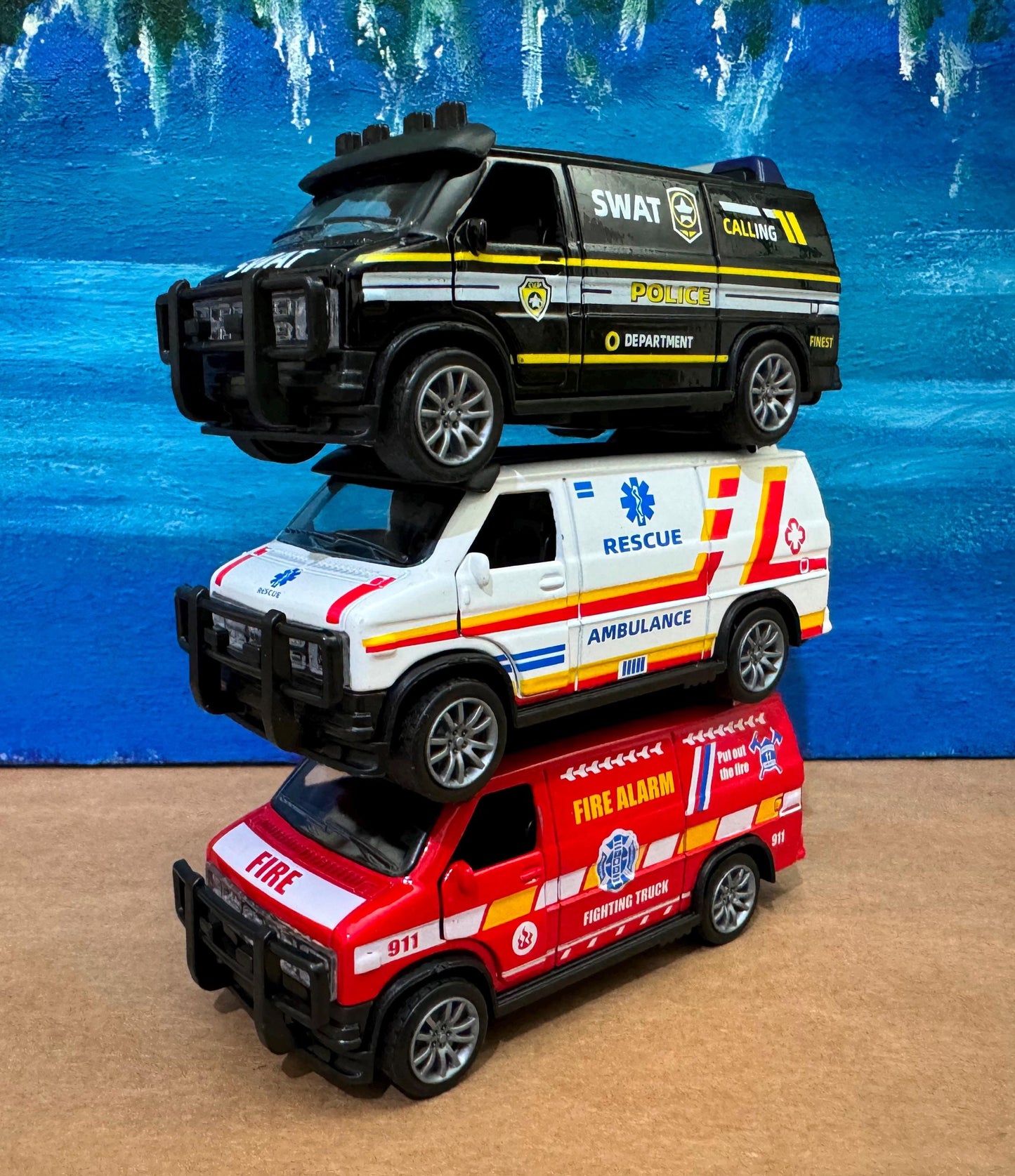 Set of 3 Rescue Vehicles, Police, Fire, Ambulance Diecast Toy Cars, Gift for Boys, Girls, Dad, Husband, First Responders, Collectors Sleeves