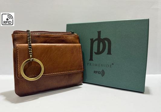Designer Leather Key-ring & Coin Pouch - RFID Safe | Unisex Brown Gift Boxed | Mother's Day Gift Ideas | Keys - Change Holder Gift Boxed