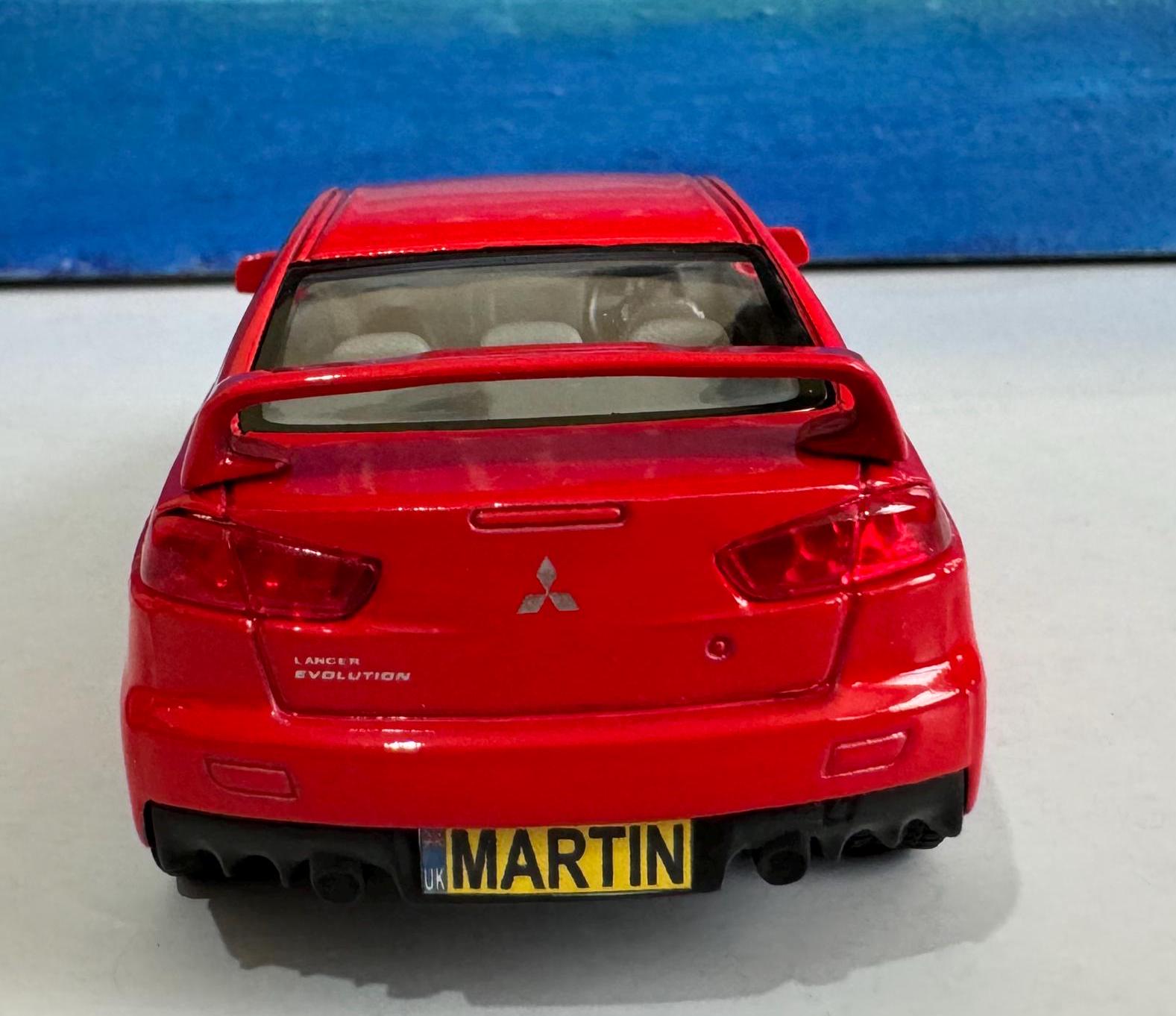 Mitsubishi Lancer Evolution X Diecast YOUR NAME PLATES Model boy dad uncle grandad brother Birthday Special day gift present New Boxed