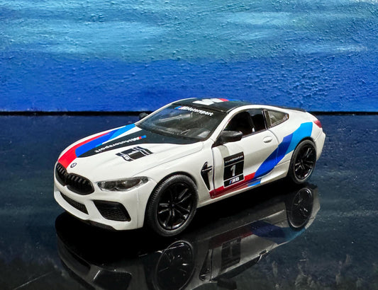 BMW M8 Competition Coupe Diecast Model Car 1:38 Scale – Pull Back, Black/White, Collectible Gift for Mom, Father's Day, Display Gift Sleeves