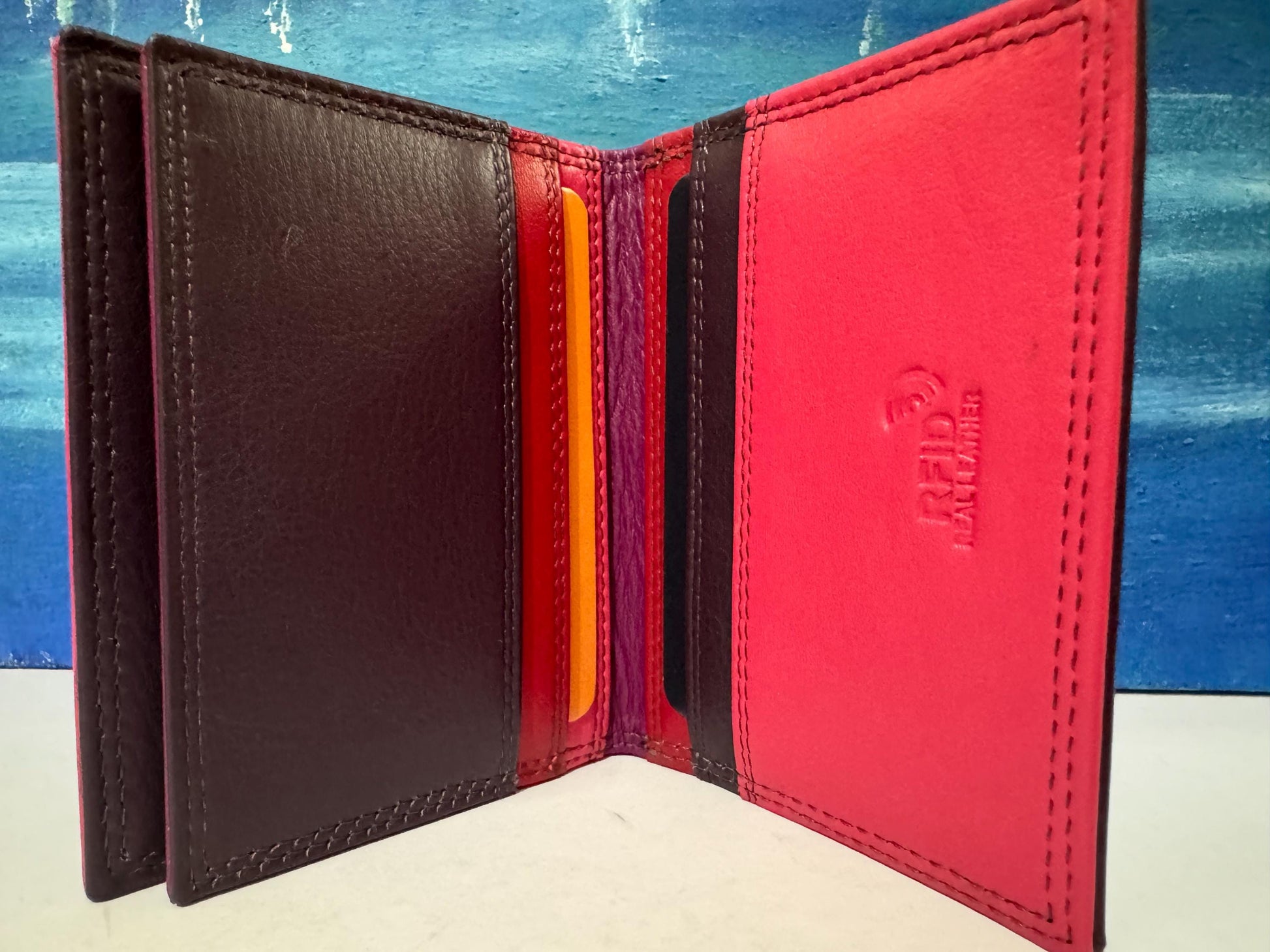 Premium Nappa Leather Wallet - Black & Blue Multi RAFID Block Card Holder - Mother's Day Gift - Slim Credit Card Purse - Gift Boxed (6090)