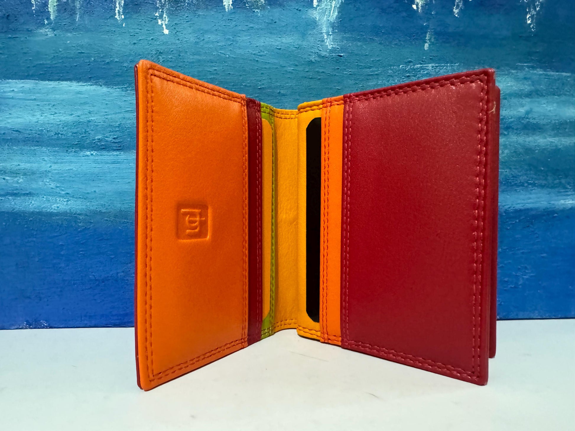 Red/Orange Multi-Color RAFID Block Wallet - Soft Nappa Leather Credit Card Holder - Gift for Mother's Day, Ladies - Boxed