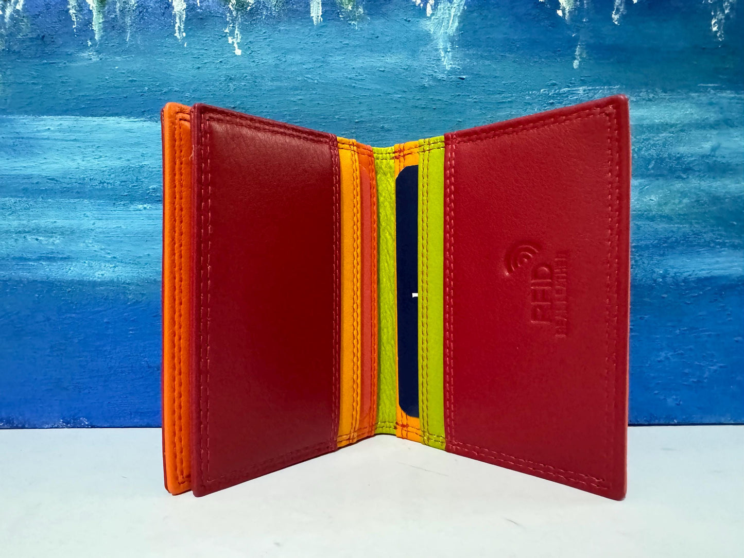 Red/Orange Multi-Color RAFID Block Wallet - Soft Nappa Leather Credit Card Holder - Gift for Mother's Day, Ladies - Boxed