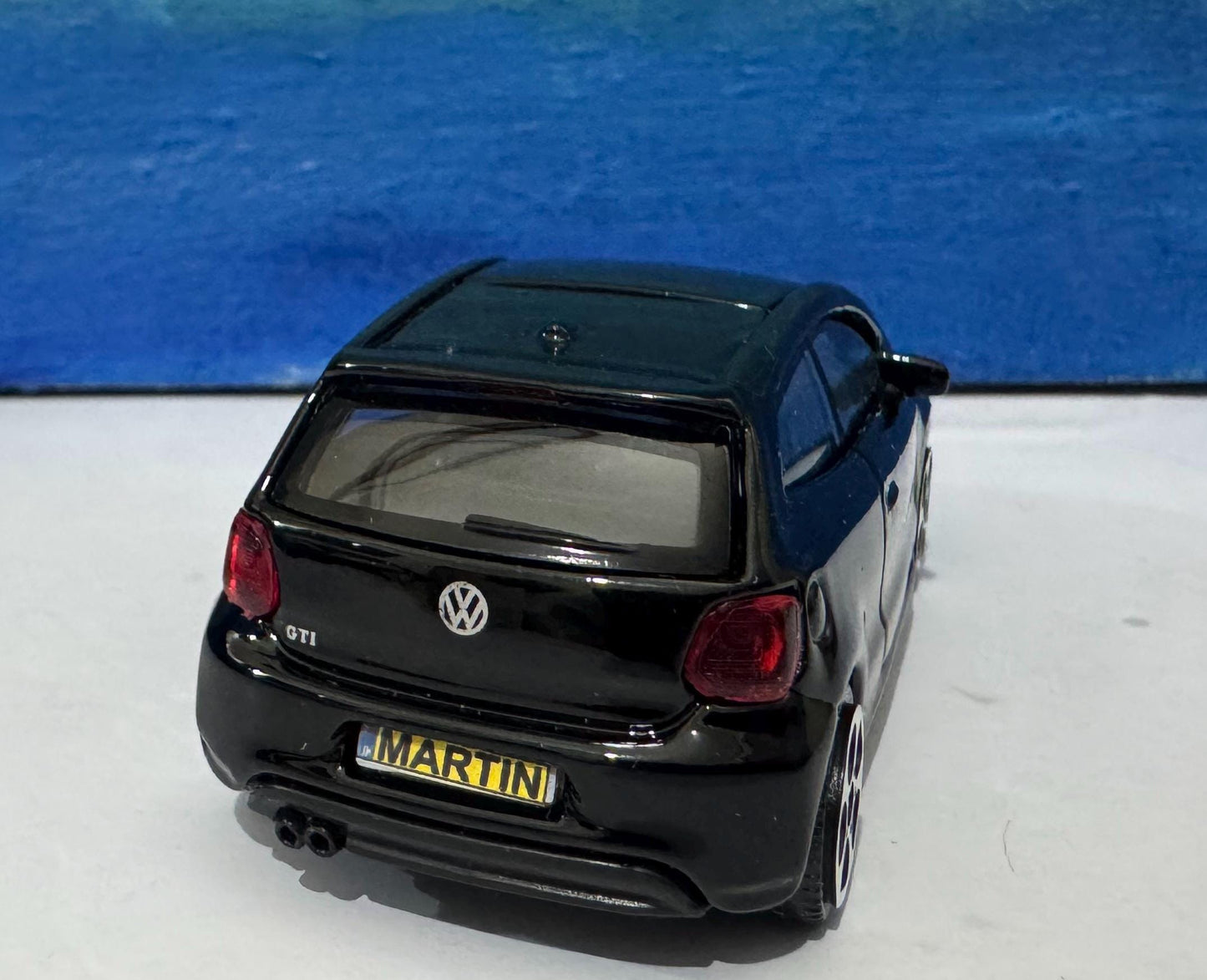 PERSONALISED PLATES name VW Polo Golf Gti Toy Car Model boy girl dad mom uncle grandad brother Birthday gift Boxed 1:43 scale ** 4 colour **
