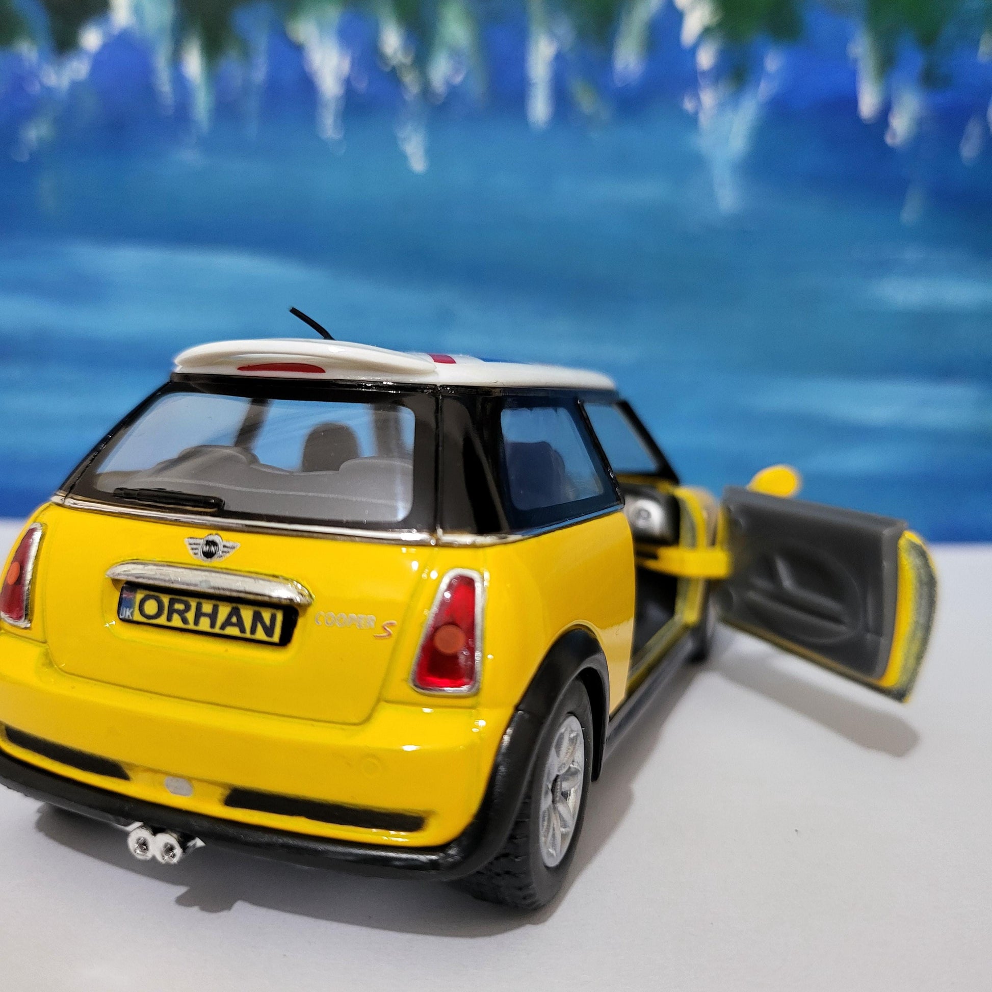 PERSONALIZED PLATES Yellow Mini Cooper S Toy Car Model boy girl dad mom uncle grandad brother sister birthday present NEW cake topper