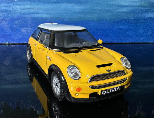 Yellow Mini Cooper S Diecast Car 1:28 Scale – Collectible Model with Custom Name Plate, Toy Car Gift, Mini Cooper Model Display Gift Sleeves