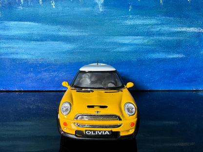 Yellow Mini Cooper S Diecast Car 1:28 Scale – Collectible Model with Custom Name Plate, Toy Car Gift, Mini Cooper Model Display Gift Sleeves