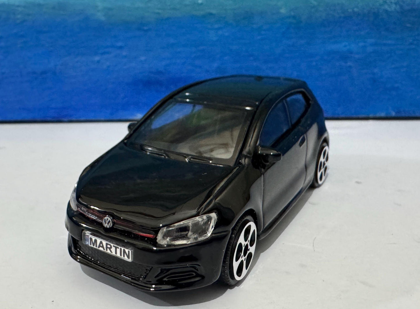 PERSONALISED PLATES name VW Polo Golf Gti Toy Car Model boy girl dad mom uncle grandad brother Birthday gift Boxed 1:43 scale ** 4 colour **