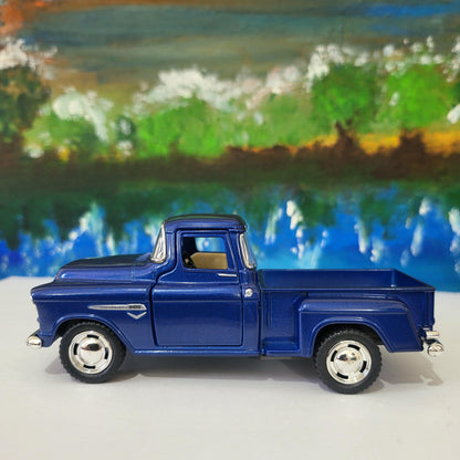 1955 Chevy Stepside Pickup 1:32 Diecast – Official Licensed Pull-Back Toy, Opening Doors – Blue/Cream Gift for Collectors, Kids Gift Sleeves