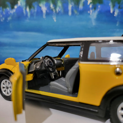 Yellow Mini Cooper S Diecast Car 1:28 Scale – Collectible Model with Custom Name Plate, Toy Car Gift, Mini Cooper Model Display Gift Sleeves