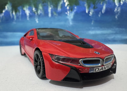 Personalized BMW i8 Model Car - 1:43 Scale Red Diecast Toy - Germany Sports Car by Rastar - Custom Name Gift for Kids & Adults New Boxed