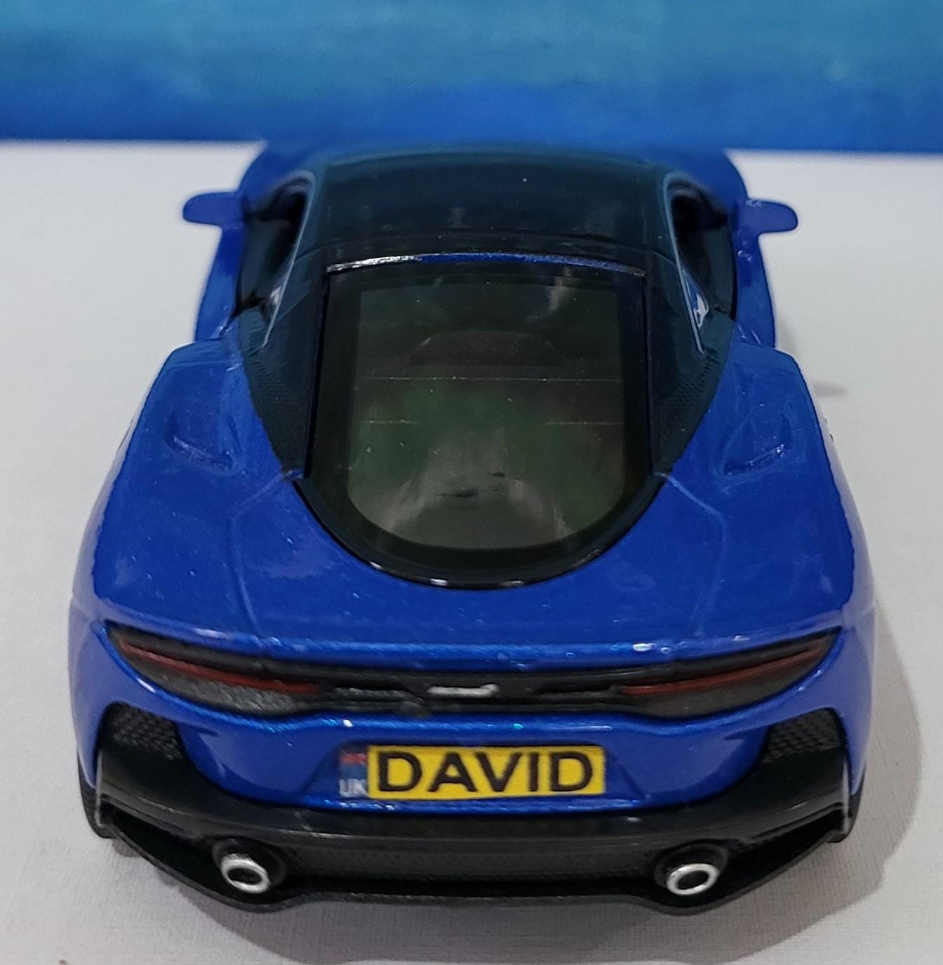 PERSONALISED Toy Car Plate - Blue McLaren GT Style - Birthday/Easter Gift for Dad, Boy, Girl, grandad - Custom Number Plate - Boxed Present