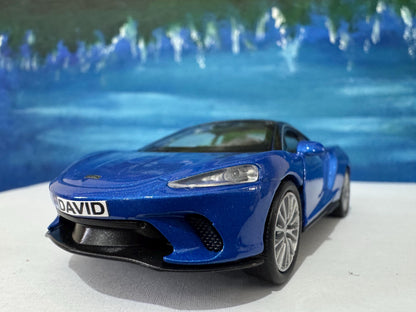PERSONALISED Toy Car Plate - Blue McLaren GT Style - Birthday/Easter Gift for Dad, Boy, Girl, grandad - Custom Number Plate - Boxed Present