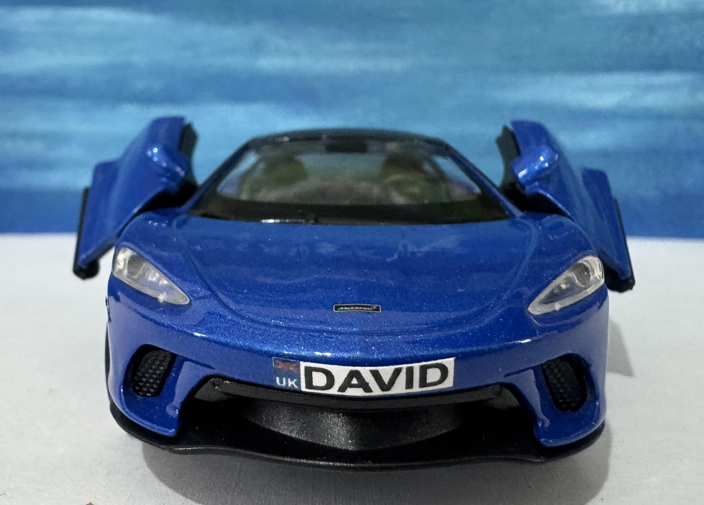 PERSONALISED Toy Car Plate - Blue McLaren GT Style - Birthday/Easter Gift for Dad, Boy, Girl, grandad - Custom Number Plate - Boxed Present