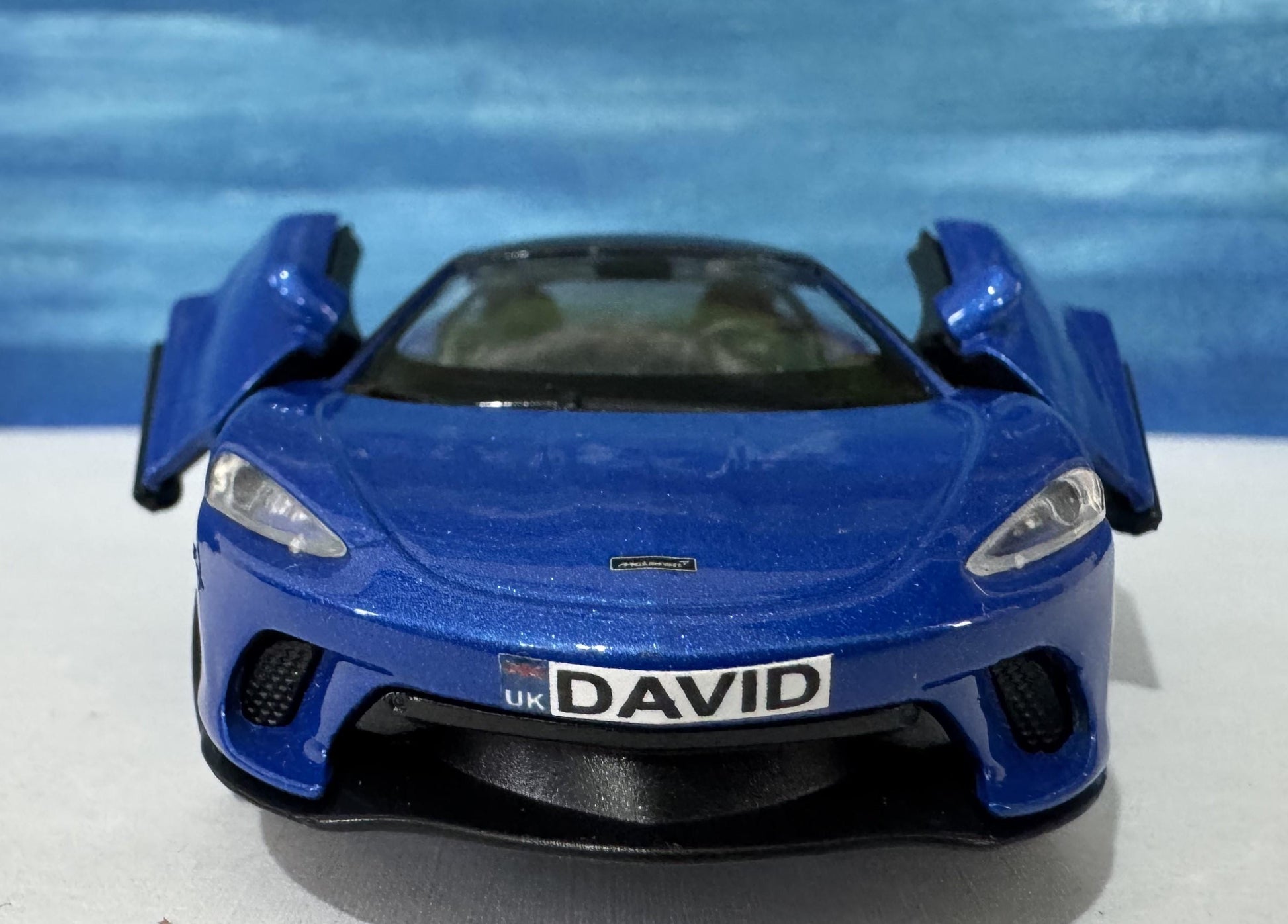 PERSONALISED Toy Car Plate - Blue McLaren GT Style - Birthday/Easter Gift for Dad, Boy, Girl, grandad - Custom Number Plate - Boxed Present