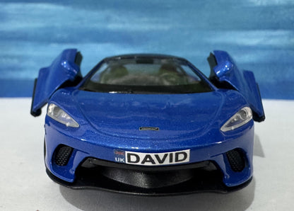 PERSONALISED Toy Car Plate - Blue McLaren GT Style - Birthday/Easter Gift for Dad, Boy, Girl, grandad - Custom Number Plate - Boxed Present