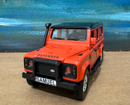 PERSONALISED PLATES Landrover Defender Toy Car Model boy girl dad mom uncle grandad brother birthday cake topper gift present NEW Boxed