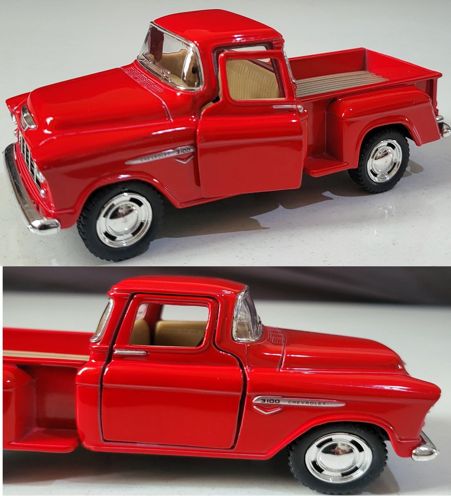 1955 Chevy Stepside Pickup 1:32 Diecast – Official Licensed Pull-Back Toy, Opening Doors – Blue/Cream Gift for Collectors, Kids Gift Sleeves