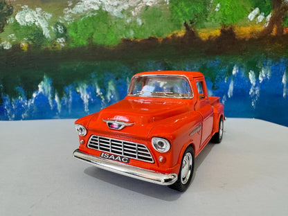Personalized Name 1955 Chevy Stepside Pickup 1:32 Diecast – Kinsmart Licensed Pull-Back Toy – Gift Sleeve (4 Colors) – Custom Boy's Car Gift
