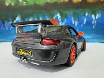 Porsche GT3 RS Model Car YOUR NAME Plate boy girl friend husband wife uncle cousin, nephew, niece brother special occasion gift-Grey Sleeves