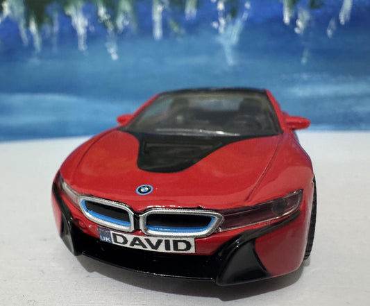 Personalized BMW i8 Model Car - 1:43 Scale Red Diecast Toy - Germany Sports Car by Rastar - Custom Name Gift for Kids & Adults New Boxed