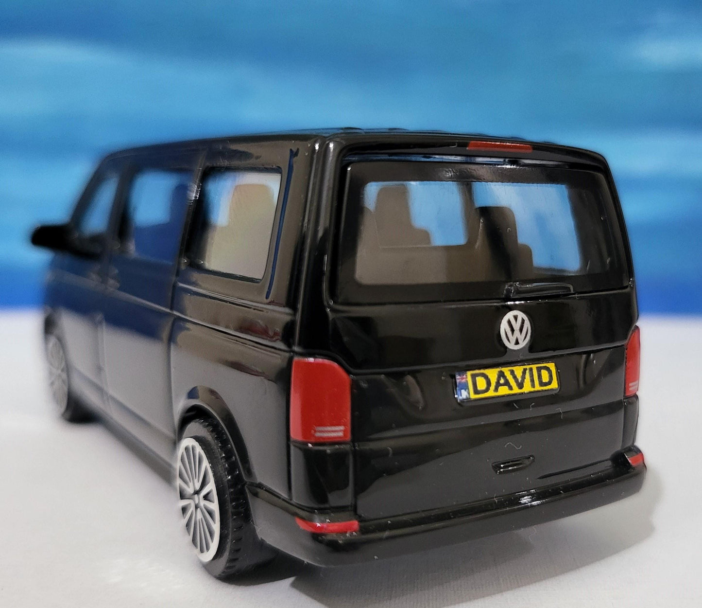 VW T6.1 Transporter Crew van Toy Car PERSONALISED PLATES 1:43 scale Model boy girl dad mom uncle grandad brother Birthday Easter gift Boxed