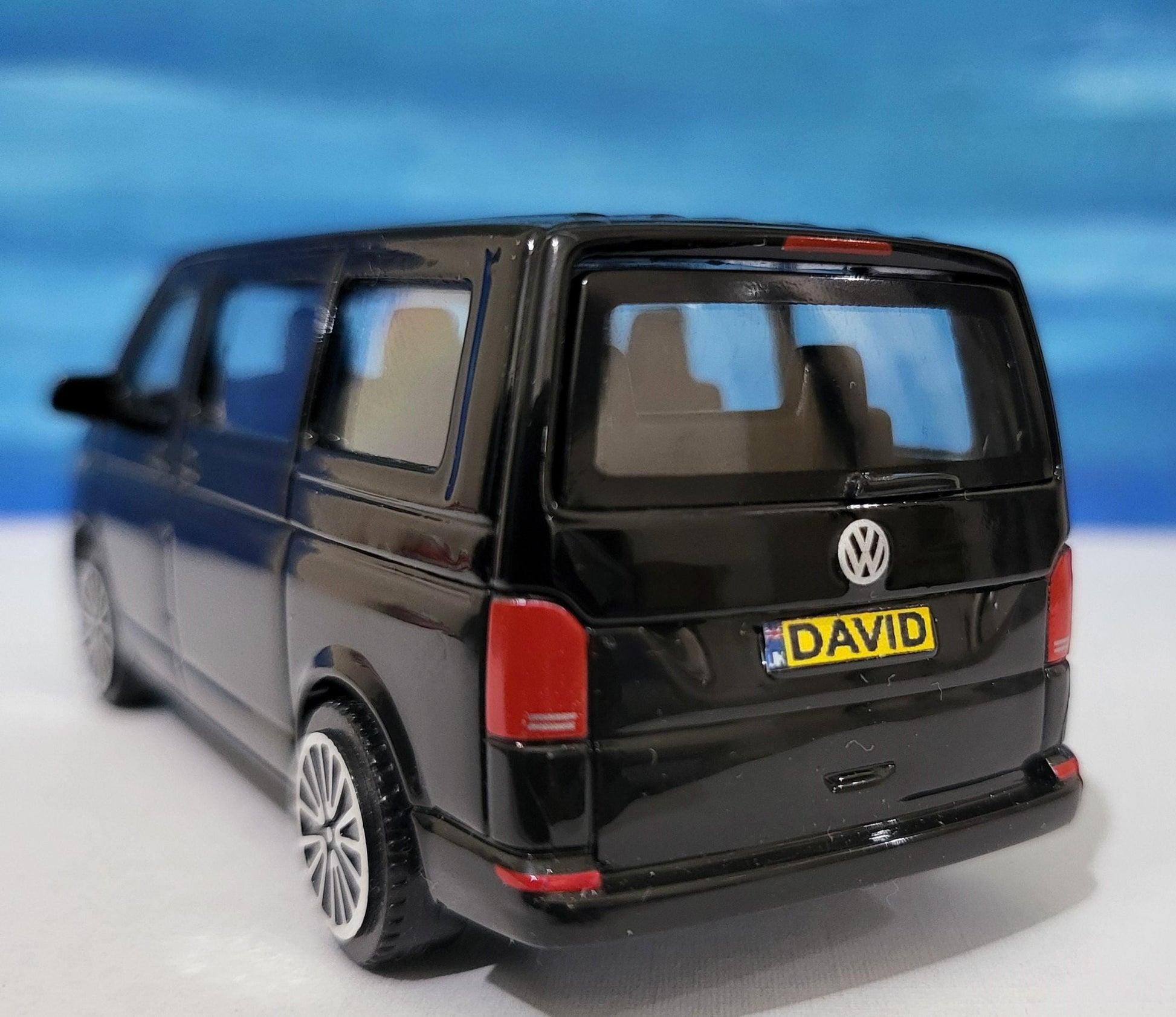 VW T6.1 Transporter Crew van Toy Car PERSONALISED PLATES 1:43 scale Model boy girl dad mom uncle grandad brother Birthday Easter gift Boxed